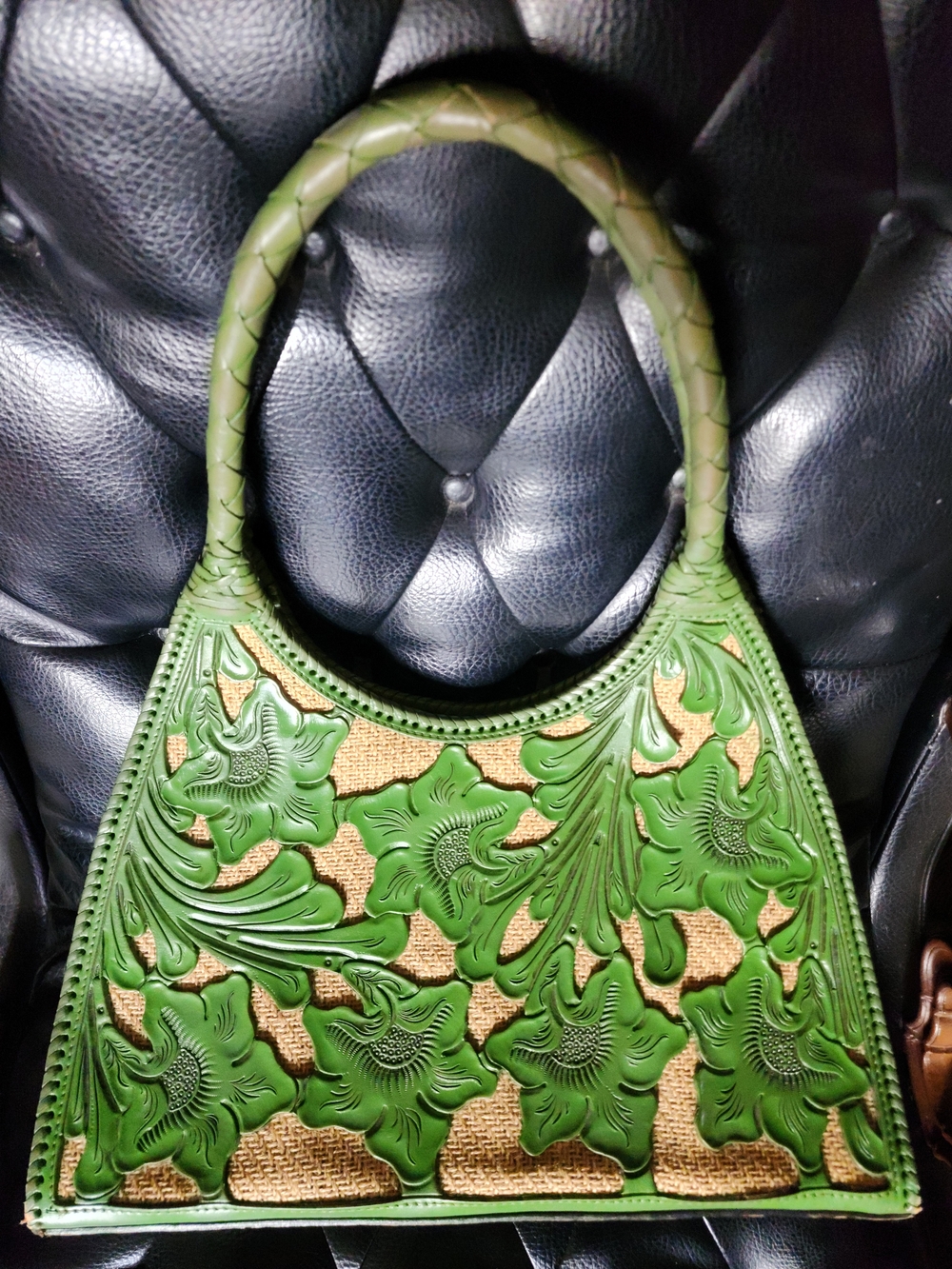Green Floral Hand Tooled Leather & Woven Large Shoulder Bag
